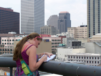 I am writing on the edge of a tall building in the Central Business District of New Orleans, overlooking tall office buildings and Canal Street.