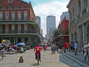 A unique view of New Orleans Central Business District peeking through the streets of the French Quarter on Jackson Square.
